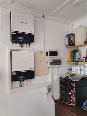 Installed inverter and battery backup system with tidy trunking and labeled isolators