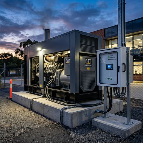 Installed generator with weatherproof housing and integrated switchgear