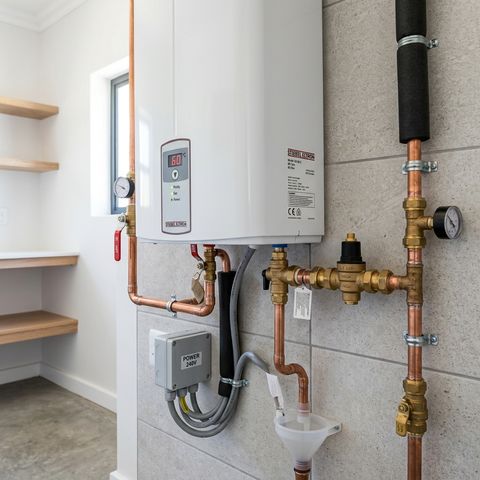 Newly installed geyser with proper thermostatic controls and connected pipework